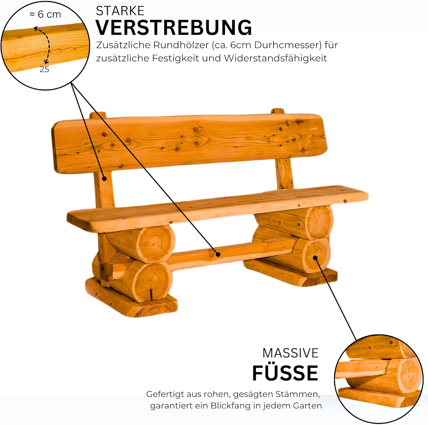 Gartenbank Rustikal Pinie Lasiert 120 cm - Massivholz Bank aus Kiefernholz - Fertig montierte Sitzbank für Terrasse, Garten & Balkon mit Rückenlehne - Für 2 Personen, wetterfest & robust