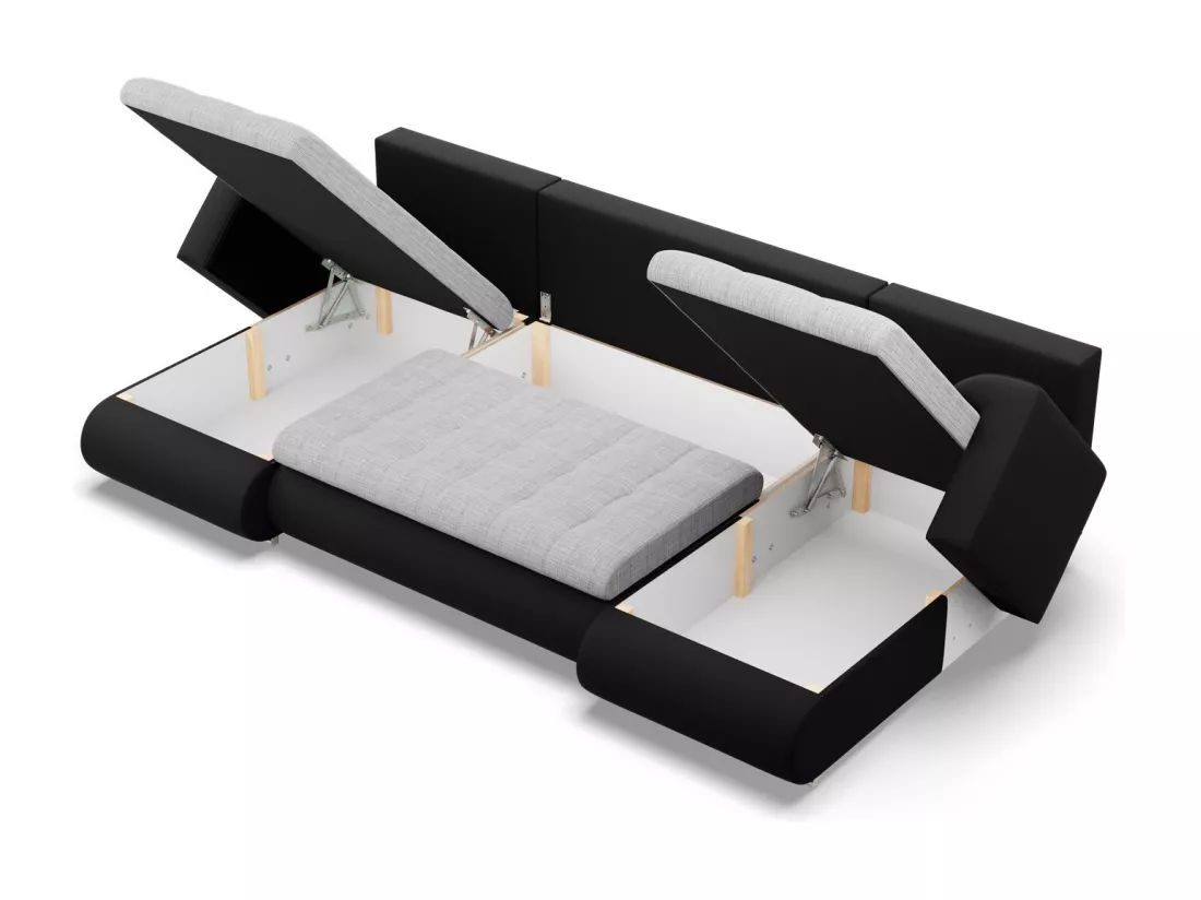 Canapé d'angle en U avec fonction sommeil, 2 méridiennes, Gris + Noir