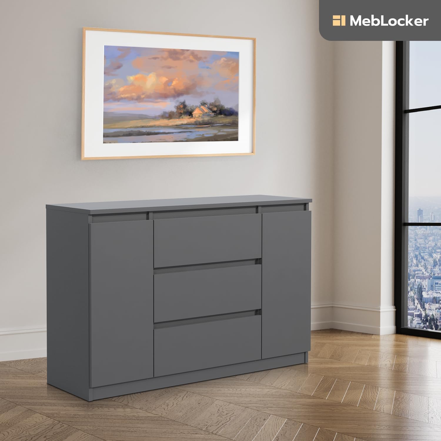Kommode mit 3 Schubladen 2 Schranktüren 120 cm Ideal für Wohnzimmer, Schlafzimmer, Kinderzimmer und Büro Moderne Elegante Lösung für stilvolle Aufbewahrung (Anthrazit)
