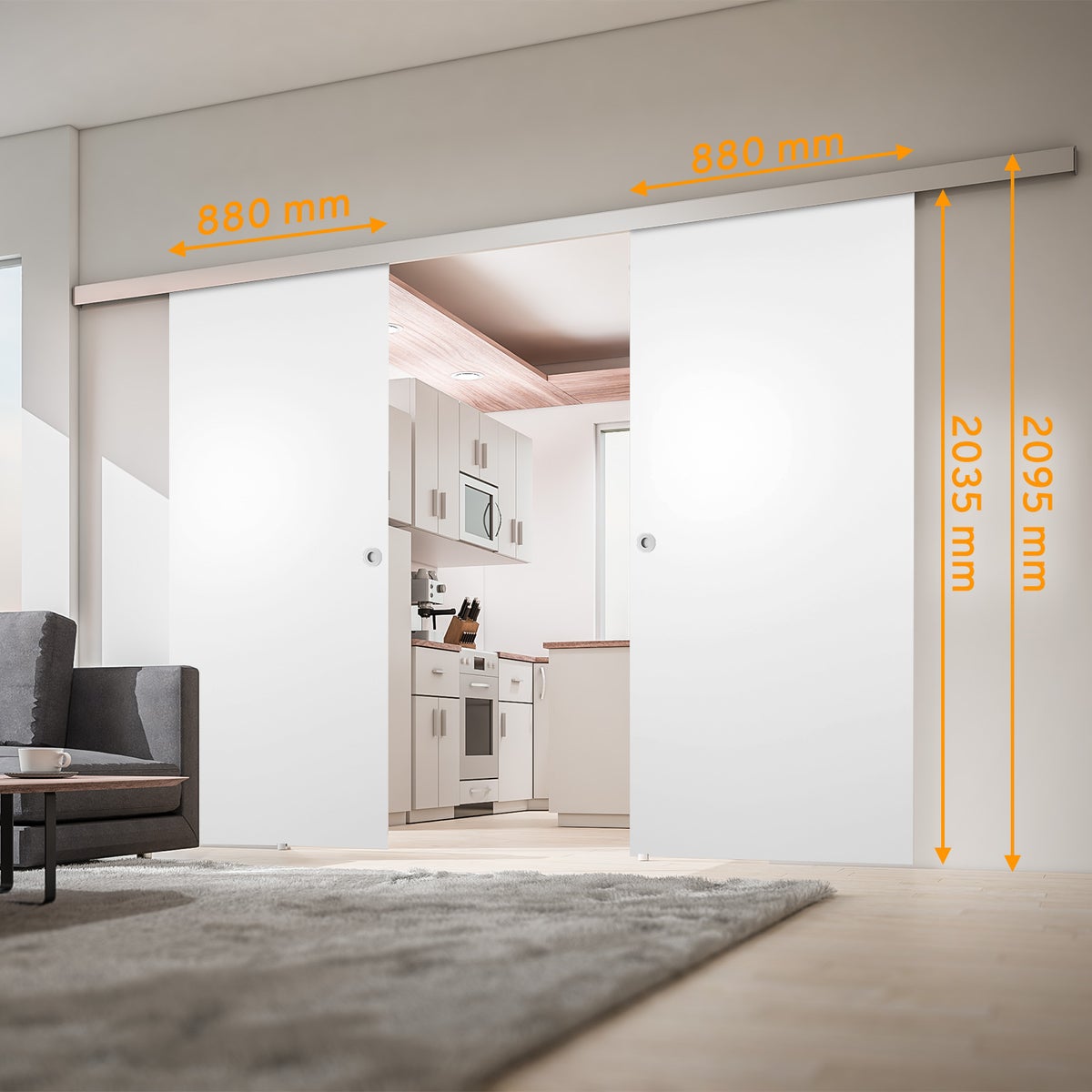 Dubbele schuifdeur, wit, 1760x2035 mm, dubbele houten deur, schuifdeursysteem - verzonken handgreep + 2-zijdige softclose