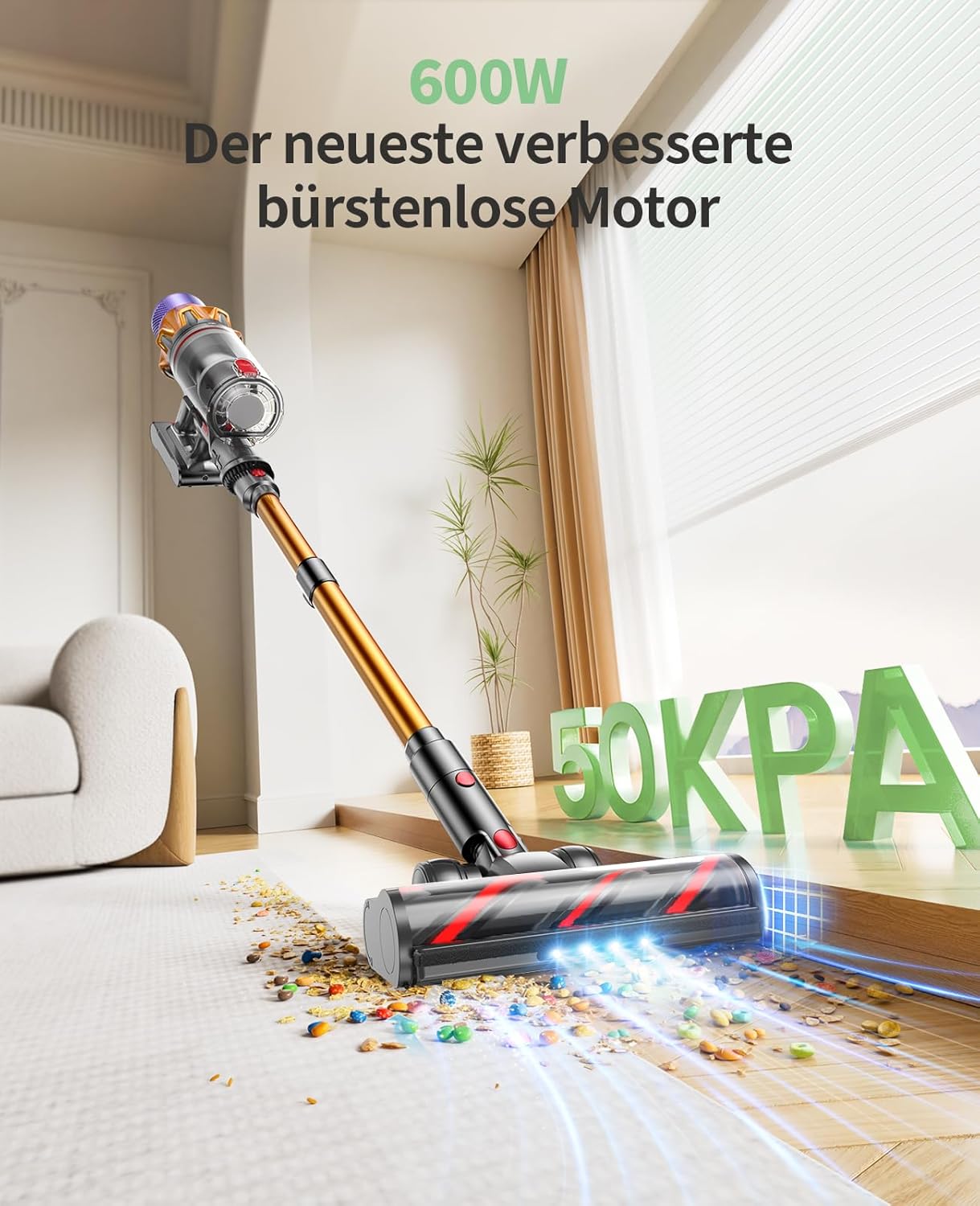 SunSare Akku Staubsauger 600W/50000Pa/65Min, Staubsauger Kabellos mit Smart Display und Ladestation, Leichter Antiverwicklung Akkusauger, Super Leise akkustaubsauger für Hartböden Teppiche Tierhaare