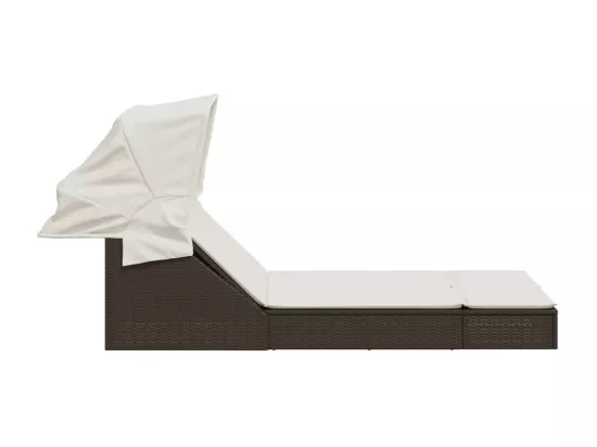 Chaise longue double avec auvent et coussins marron poly rotin