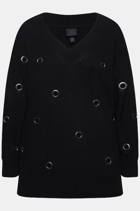 Pullover, Ösen, Oversized, V-Ausschnitt, Langarm