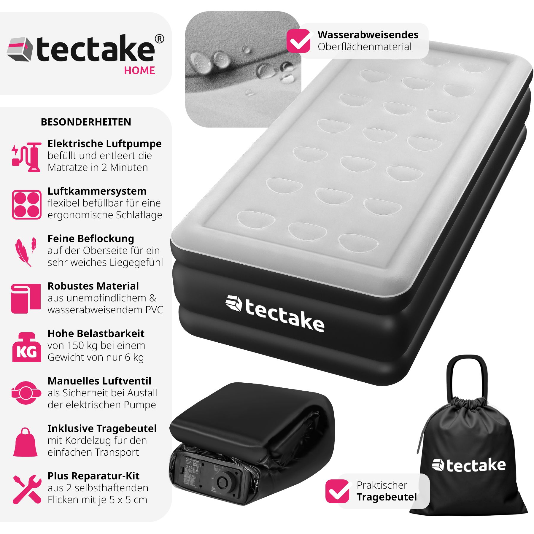 tectake® Aufblasbare Matratze, für 1 oder 2 Personen, ergonomisches Luftsäulensystem, inkl. manuellem Ventil und Tragebeutel