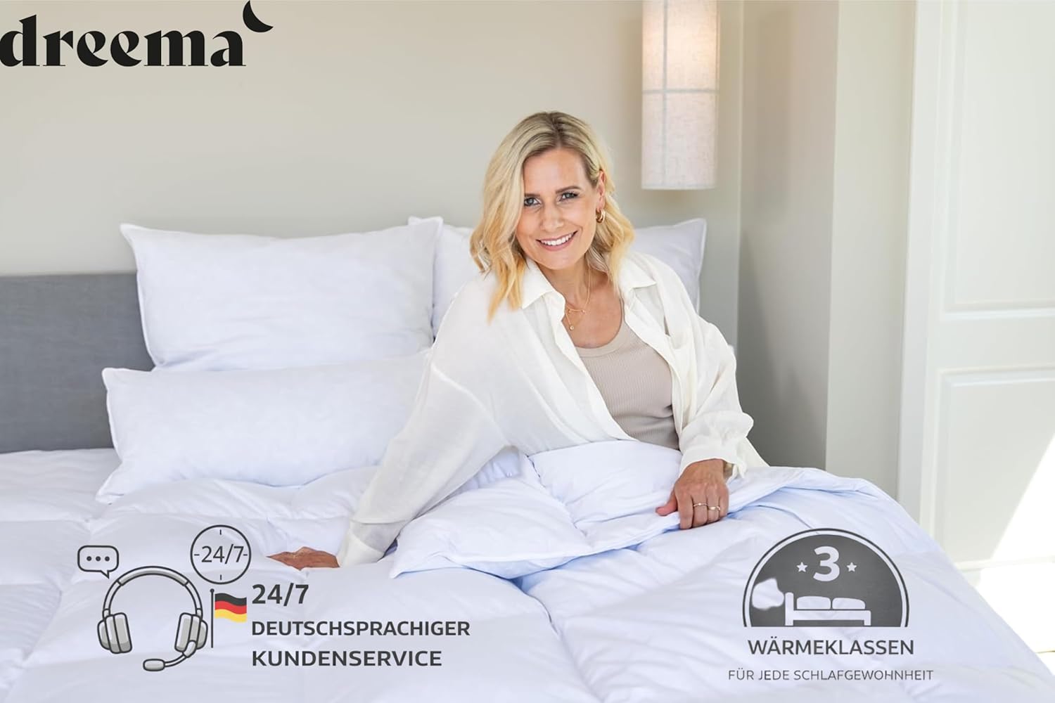 DREEMA Bettdecke 200x200 Daunendecke Warm | Extraweiche Daunenfüllung | in Deutschland gefertigt | 100% nachhaltig mit Oeko-TEX & Nomite | Allergiker geeignet | Soft-Touch Baumwollbezug