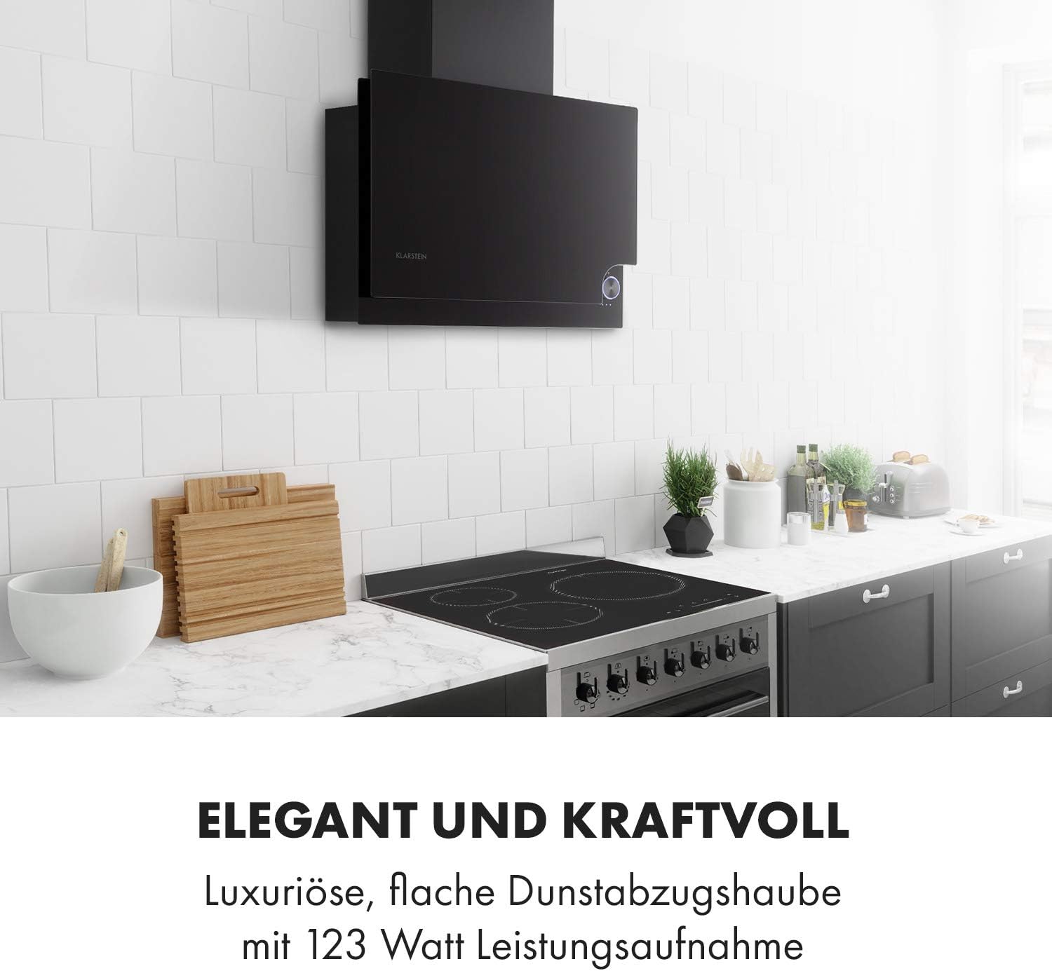 Klarstein Amelia - Dunstabzugshaube, Kopffrei-Haube, flaches Design, 123 W, 586 m³/h, LED-Beleuchtung: 3 W, 3 Leistungsstufen, beleuchteter Touch-Drehregler, 60 x 47 x 23,5 cm, schwarz