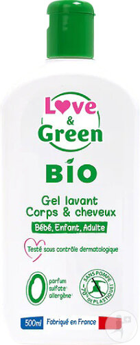 Love&Green Gel Lavant Corps & Cheveux Sans Parfum Sans Sulfate Bio Flacon 500ml