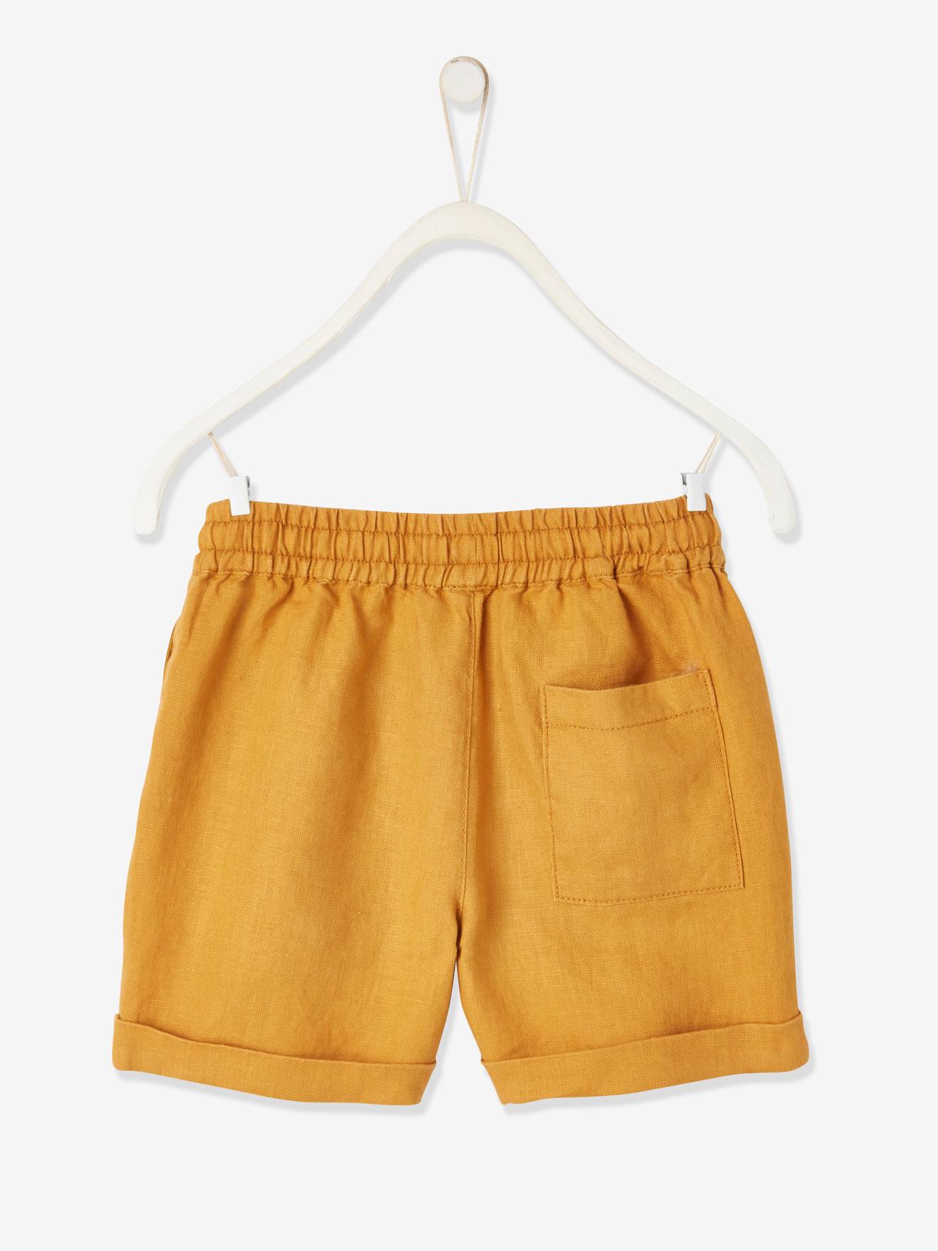 Calções de algodão/linho fáceis de vestir para meninos, bege médio, lisos com estampas.