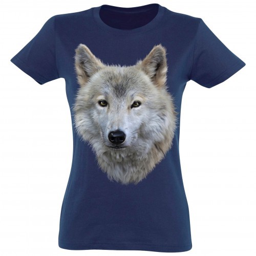 Camiseta feminina com estampa de lobo branco em azul.