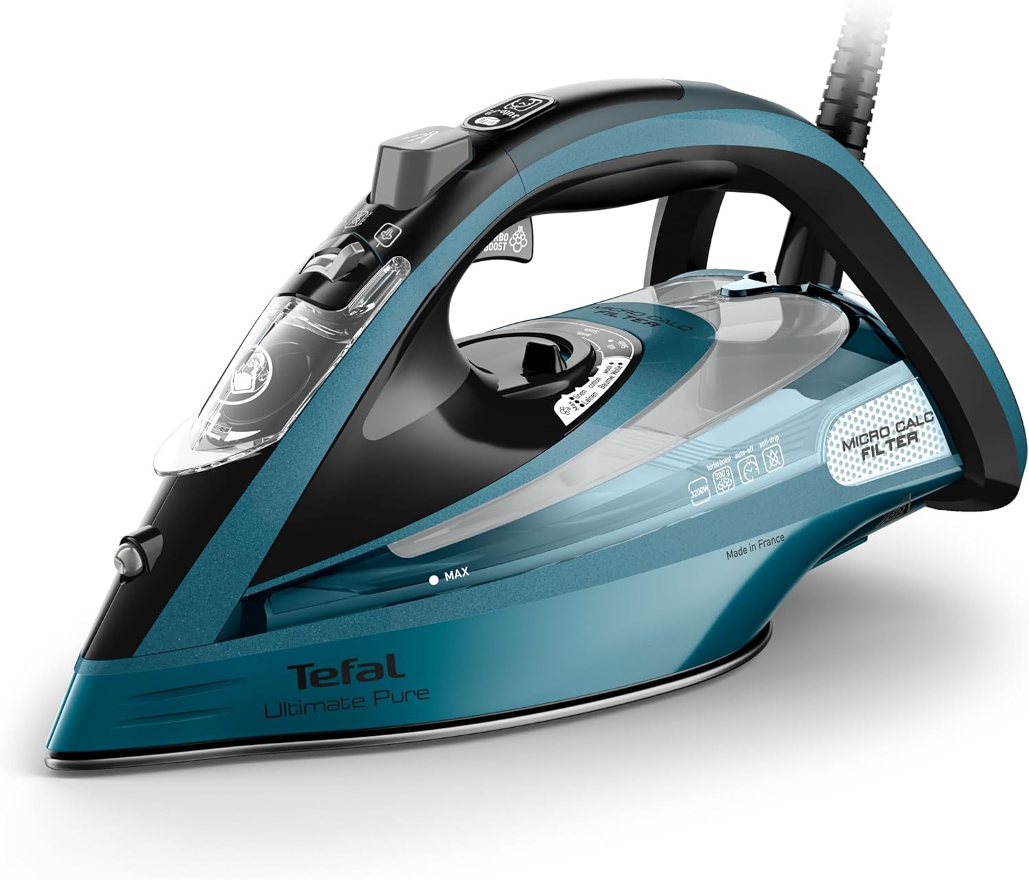 Tefal Ultimate Pure Dampfbügeleisen, 3200 Watt, kraftvoller Dampf, 300 g/Min. extra Dampfstoß, AutoClean Bügelsohle, Micro Calc, Abschaltautomatik, Tropfstopp, Schwarz/Blau, FV9851E0