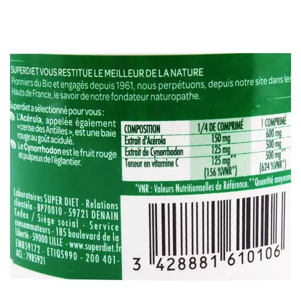 Superdiet Maxi Pot Vitamina C Acerola 90 comprimidos mastigáveis, sulcados