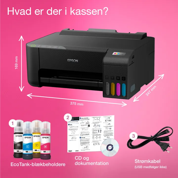 Epson EcoTank ET-1810 - Printer - farve - blækprinter - kan genopfyldes - A4 - 5760 x 1440 dpi - op til 10 spm (mono) / op til 5 spm (farve) - kapacitet: 100 ark - USB, Wi-Fi - sort