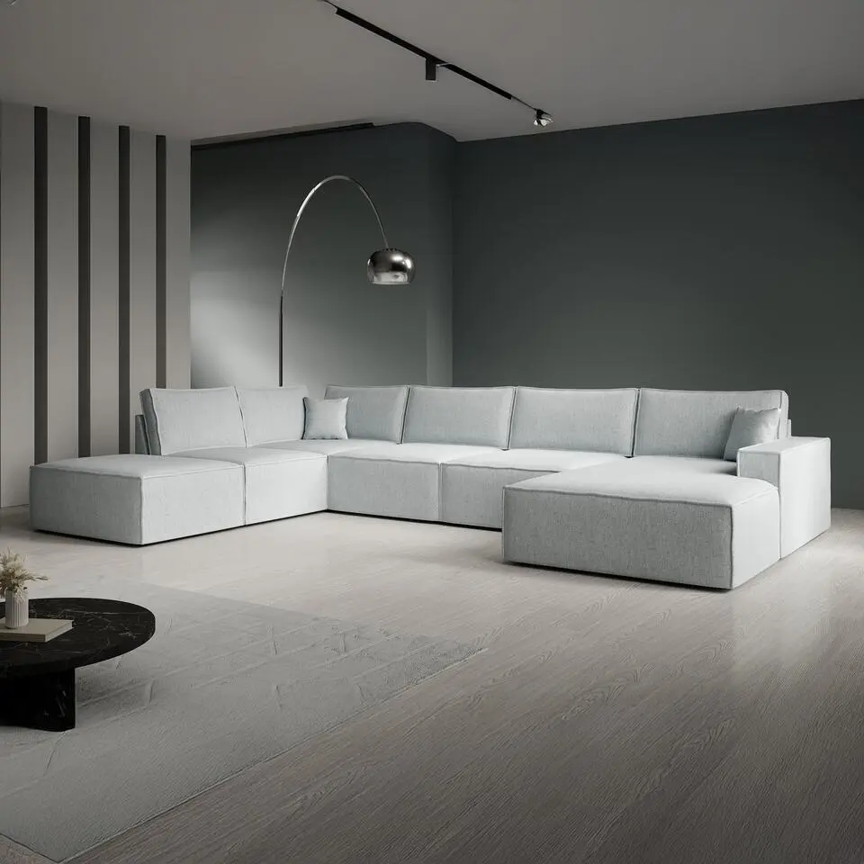 Meubella - Manolo - Hoekbank 5-zits met chaise longue - Stof grijs - Rechts