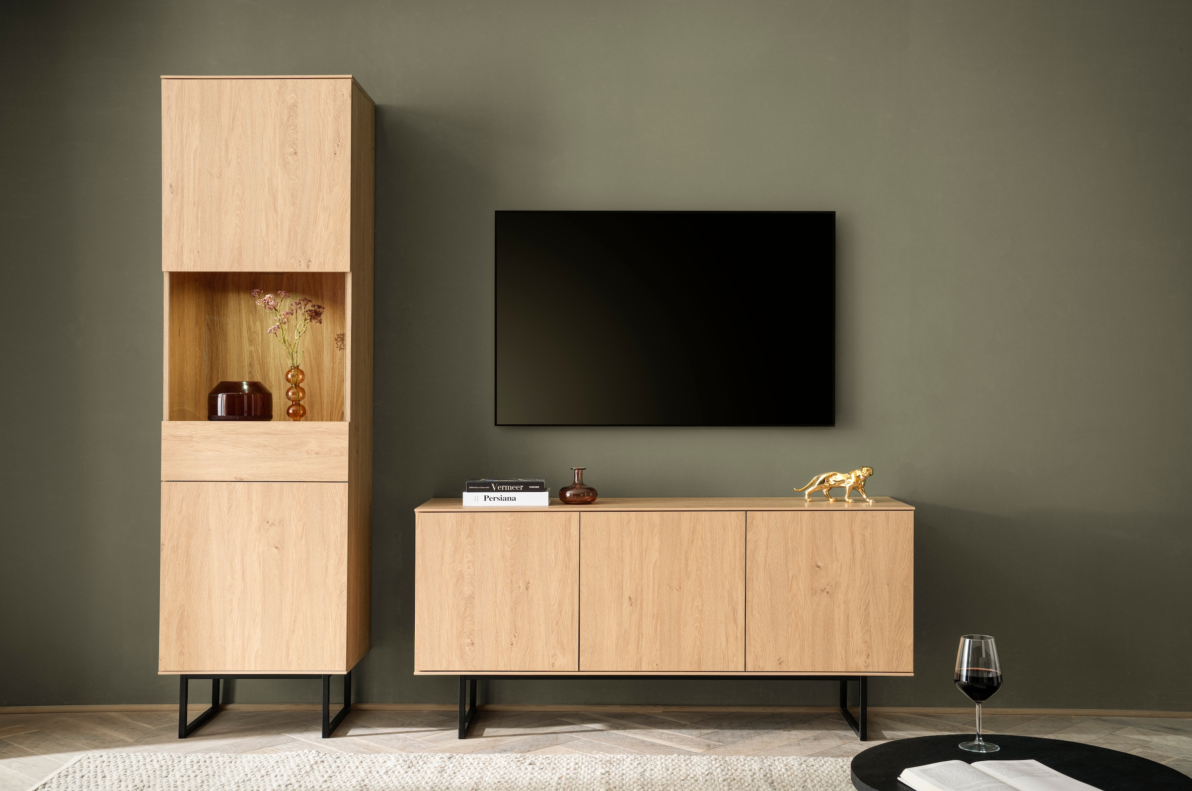 Home affaire Wohnwand »Lund, moderne Anbauwand, Wohnzimmer-Set in Stone Oak« 2 Stk. tlg.