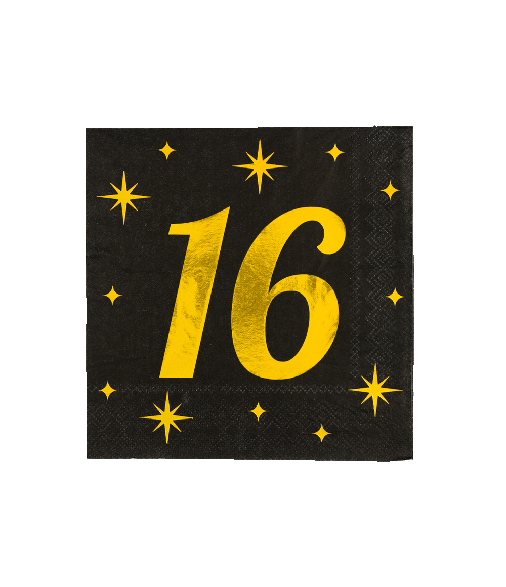 16 Jaar Servetten Zwart Goud 19cm 16st
