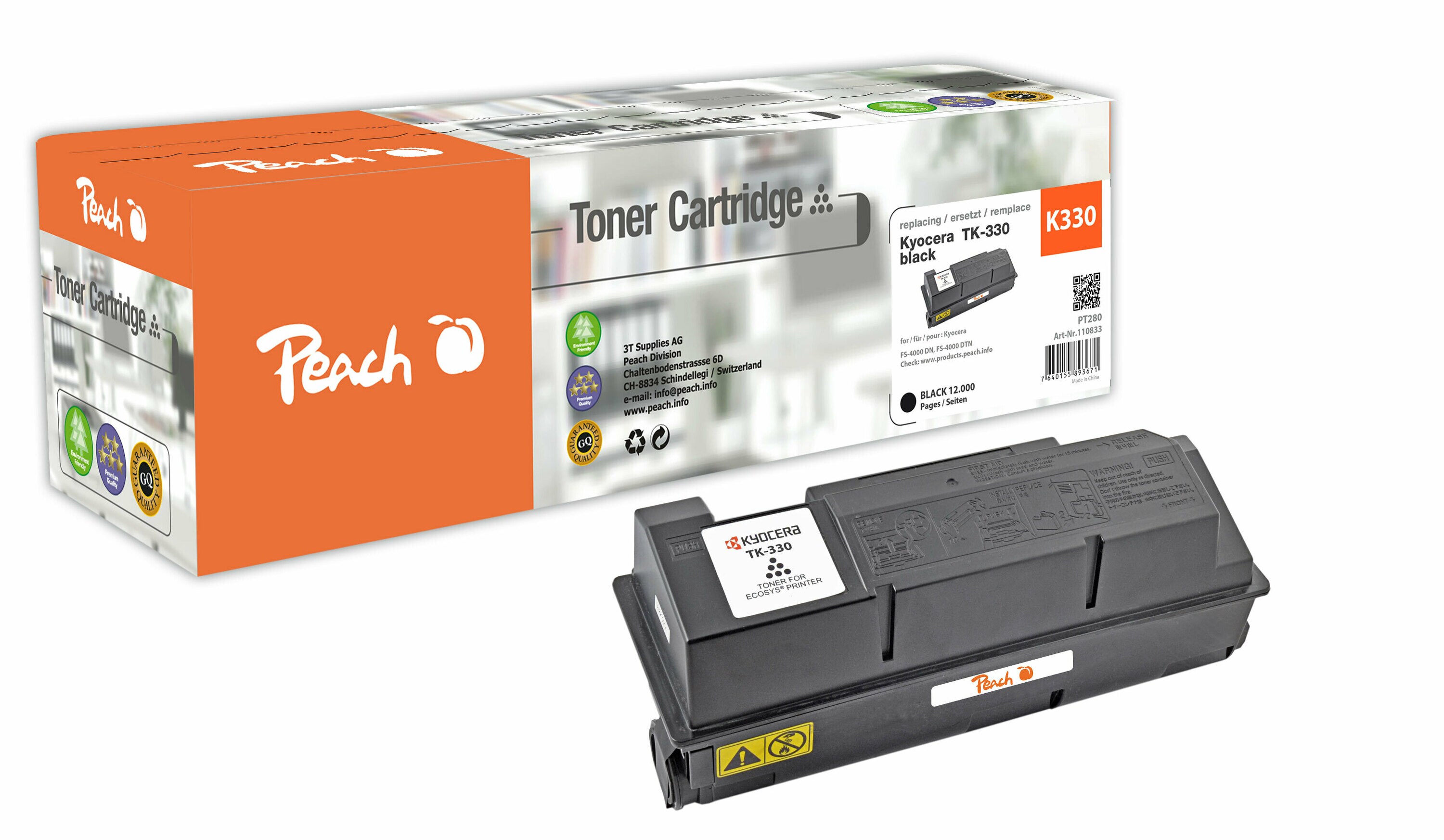 Peach K330Toner bk ersetzt Kyocera TK-330 für z.B. Kyocera FS -4000 DN, Kyocera FS -4000 DTN (wiederaufbereitet)