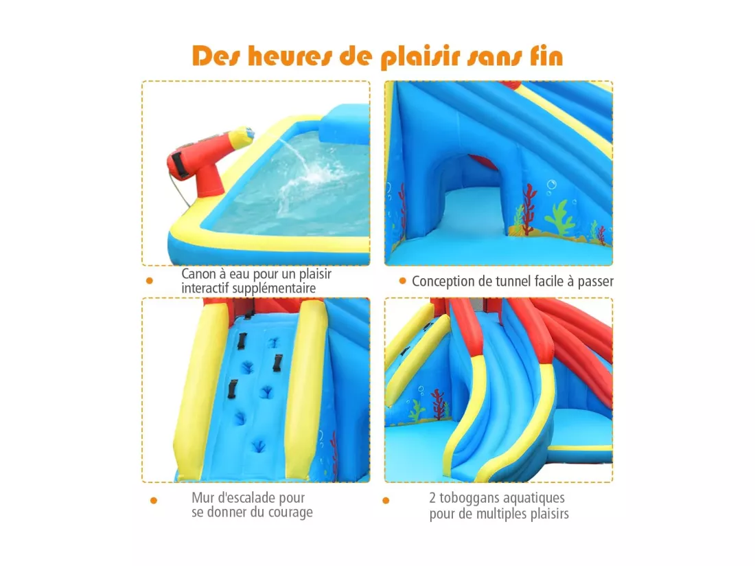 Aire de Jeux Gonflable avec 2 Toboggans, 2 Pataugeoires, 2 Canons Sac, Kit de Réparation Formes de Crabe （sans Gonfleur）