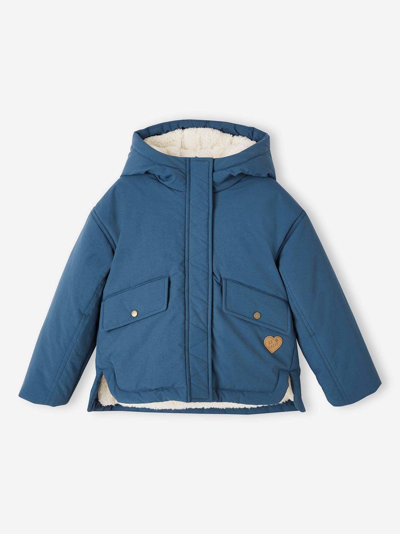 Parka curta com capuz e forro de sherpa para meninas, azul petróleo