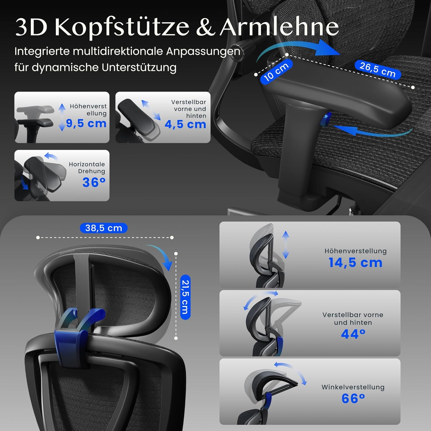 FLEXISPOT Sentinel Ergonomischer Bürostuhl mit Dual-Wing-Lendenstütze, 3D-Kopfstütze & Armlehnen, Verstellbarer Sitztiefe, Rückenlehne, & ausziehbarer Fußstütze, Arbeitsstuhl für Büro (Schwarz)