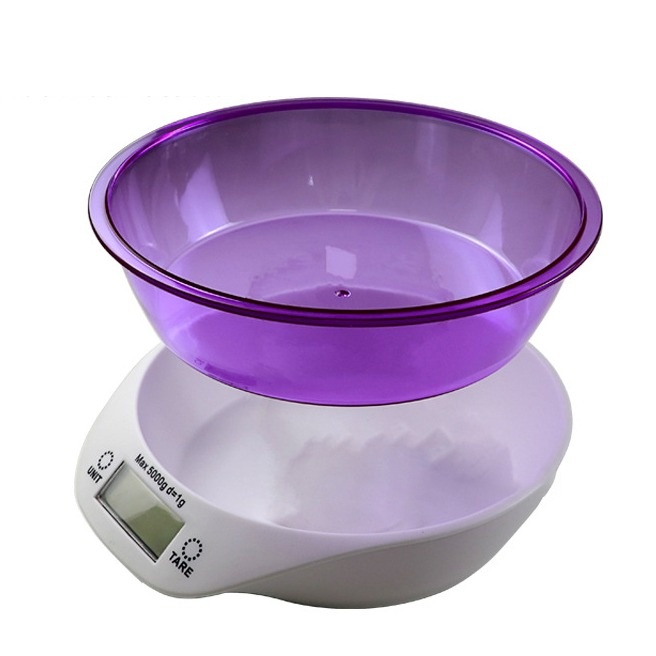 (2-tlg. Set) Digital Küchenwaage   Abnehmbare 1l Schüssel (Batteriebetrieben) - Weiss / Violett