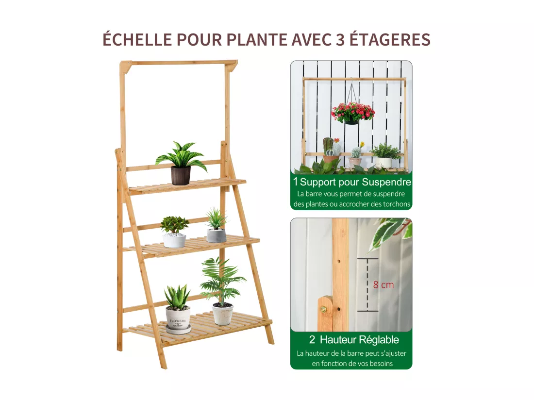 Étagère échelle à fleurs en bois de bambou - porte plante bois 3 étagères + barre support pour pots suspendus