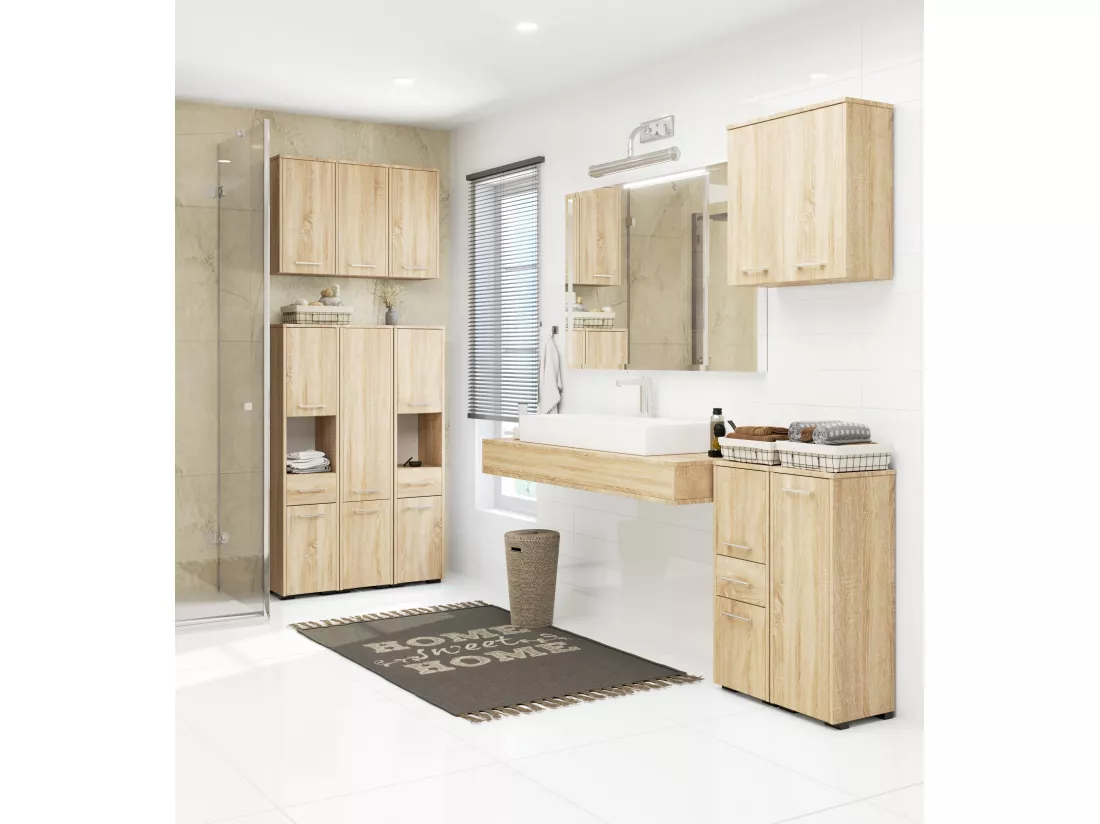 Colonne salle de bains AKORD FIN Chêne Sonoma 30 cm 2 portes 1 tiroir façade Chêne Sonoma 5 étagères 30x30x140 cm