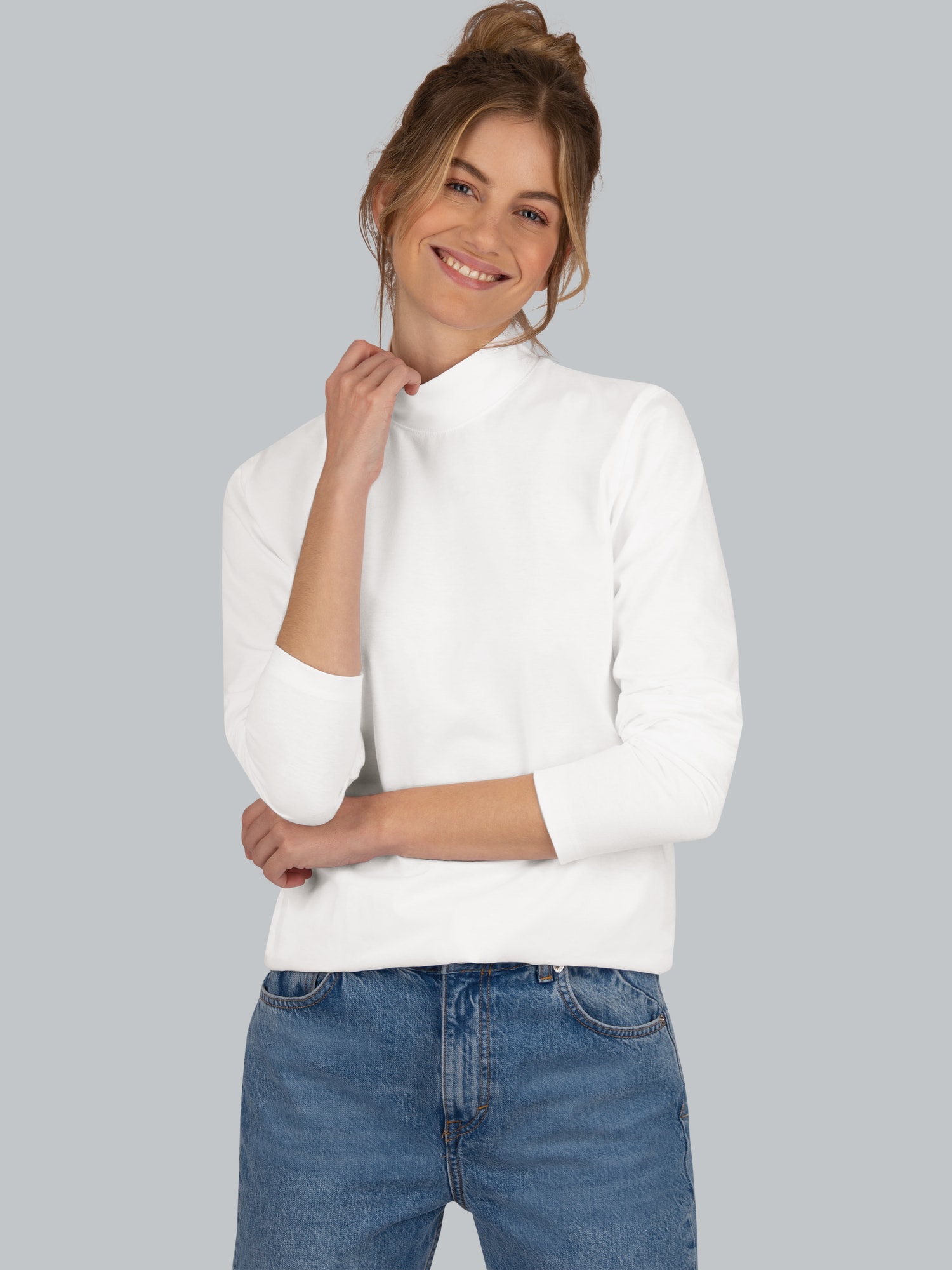 Langarm Shirt mit Stehkragen Weiss