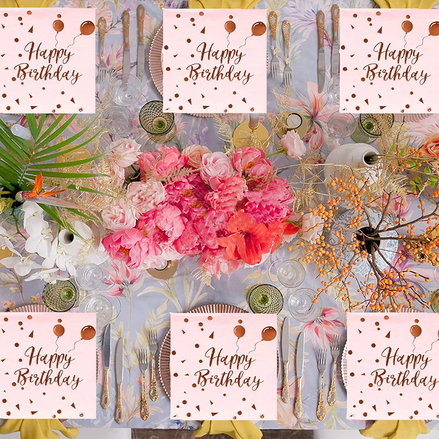(40er Set) 33x33cm Happy Birthday Einweg Servietten Party Tisch Dekoration - Rosa / Roségold