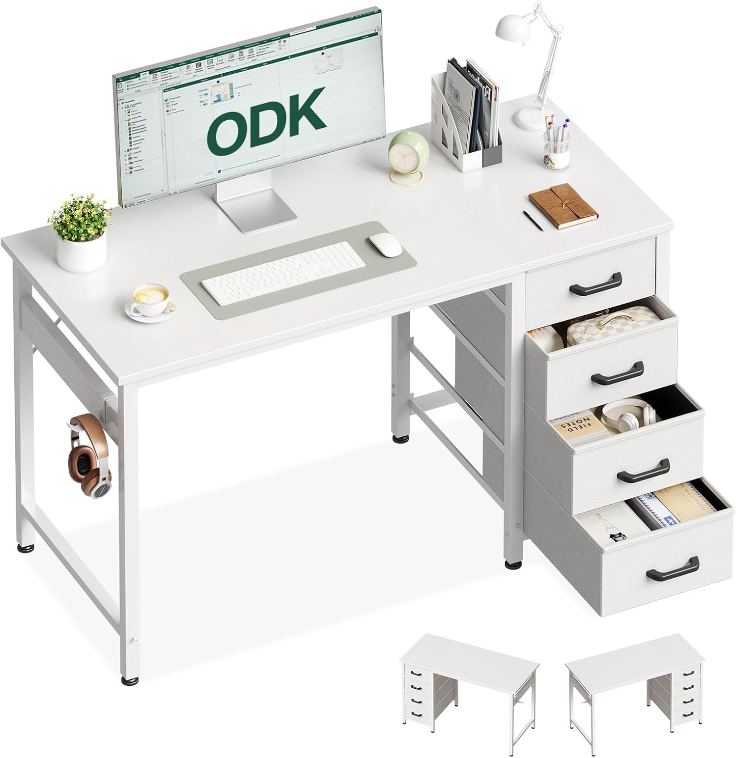ODK Kleiner Schreibtisch mit 4 Schubladen, 100x48x75.7cm Computertisch Umkehrbarer Bürotisch mit Kopfhörer Halter, PC Tisch Holz für Heimbüro, Weiß