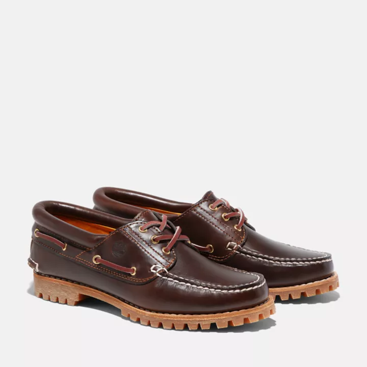 Chaussure bateau Noreen cousue main à 3 œillets pour femme en marron
