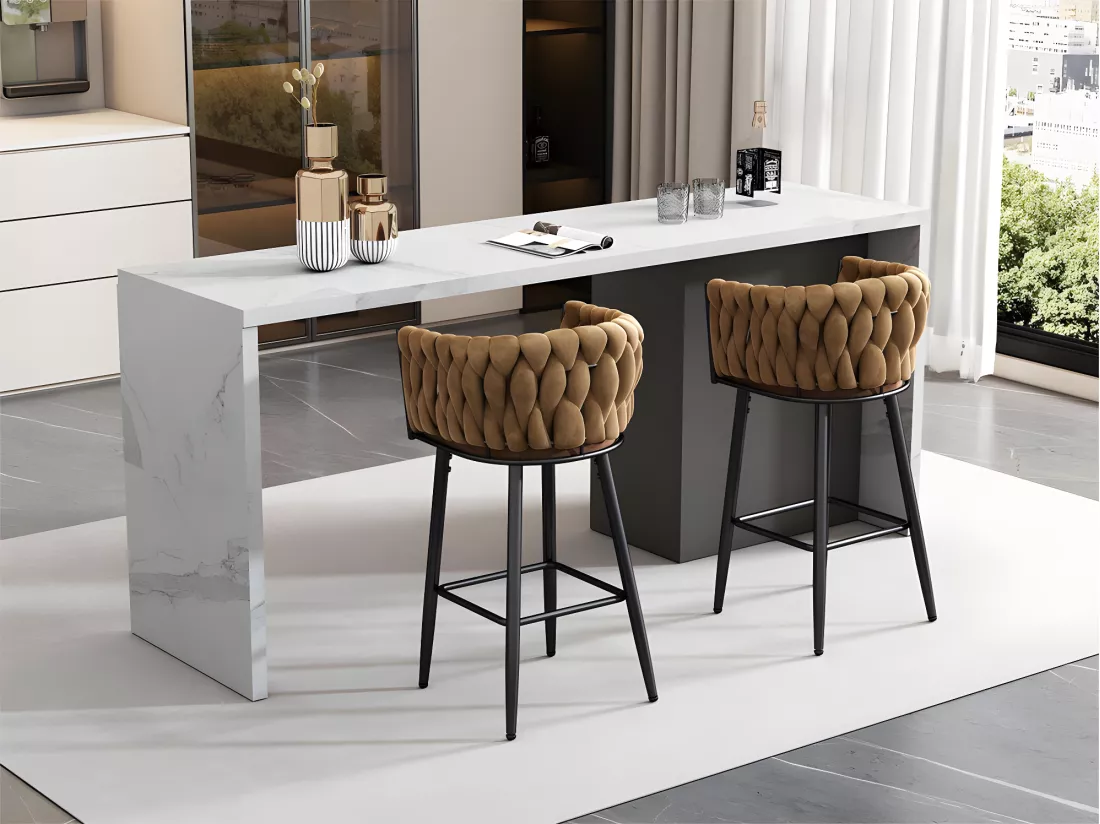Lot de 2 Tabourets de bar - tissu en velours - pieds en métal - Marron