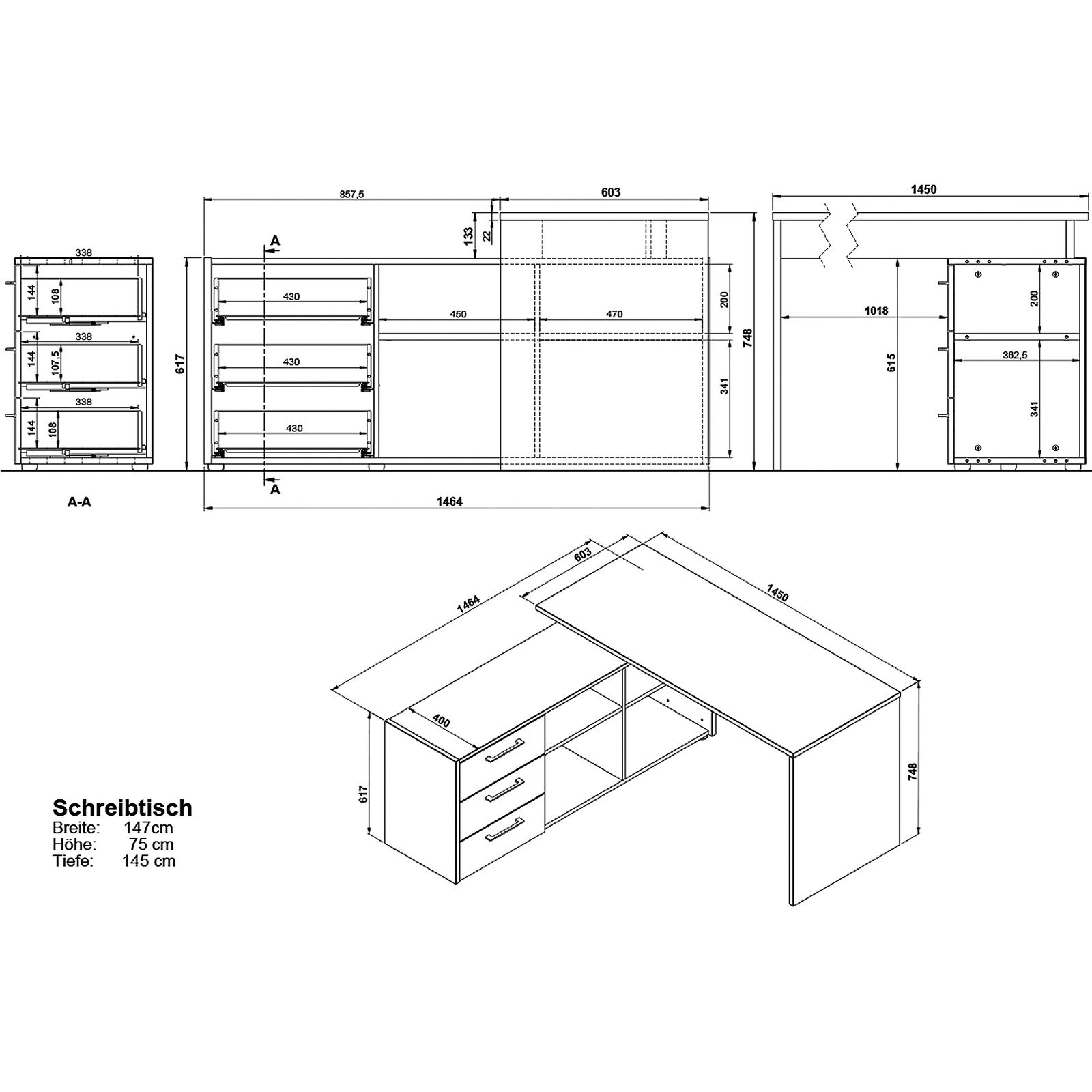 Schreibtisch mit Ablage Vito Dekor Eiche/Graphit-Optik 147 x 75 x 145 cm