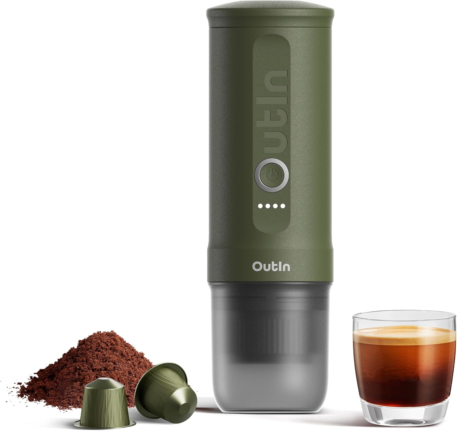 OutIn Nano Minimachine à espresso portable à piles avec auto-chauffage en 3-4 minutes, petite cafetière de voiture 20 bars 12V 24 V avec mallette de transport, capsules NS (Sarcelle D'été)