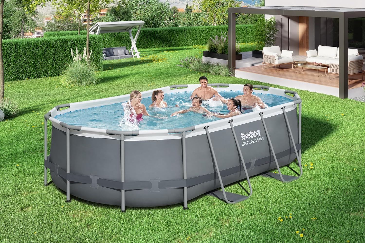 Bestway Power Steel Frame Pool Set mit Filterpumpe 427 x 250 x 100 cm, grau, oval