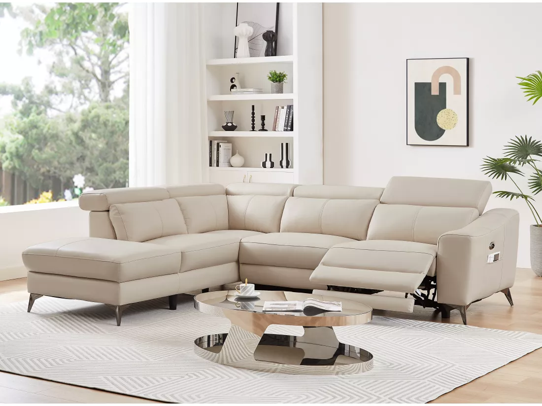 Canapé d'angle gauche relax électrique en cuir crème FORLO