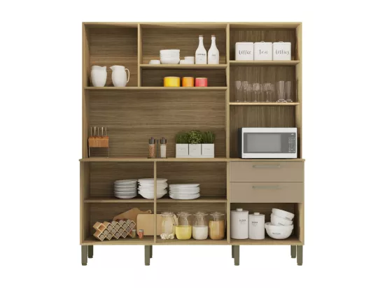 Buffet de Cuisine 6 Portes 2 Tiroirs Chêne et Taupe L 180.2 H 198 P 38.8 cm