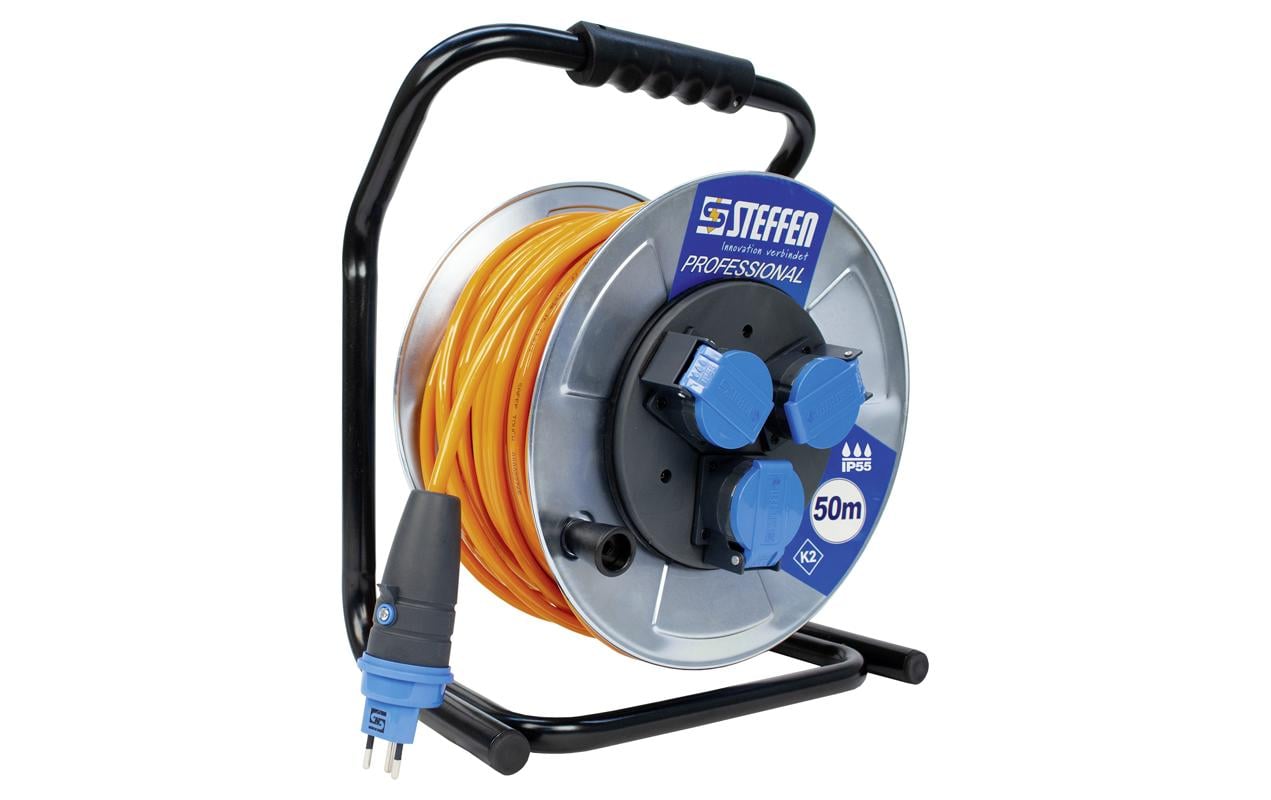 Kabelrolle Professional 50 m 3x T13, IP55, Silber<br>Metall Kabelrolle 3x T13 Steckdosen mit Deckel, verzinkt, IP55, EPR-PUR 3x 1.5 mm2 und 50 m langem Kabel