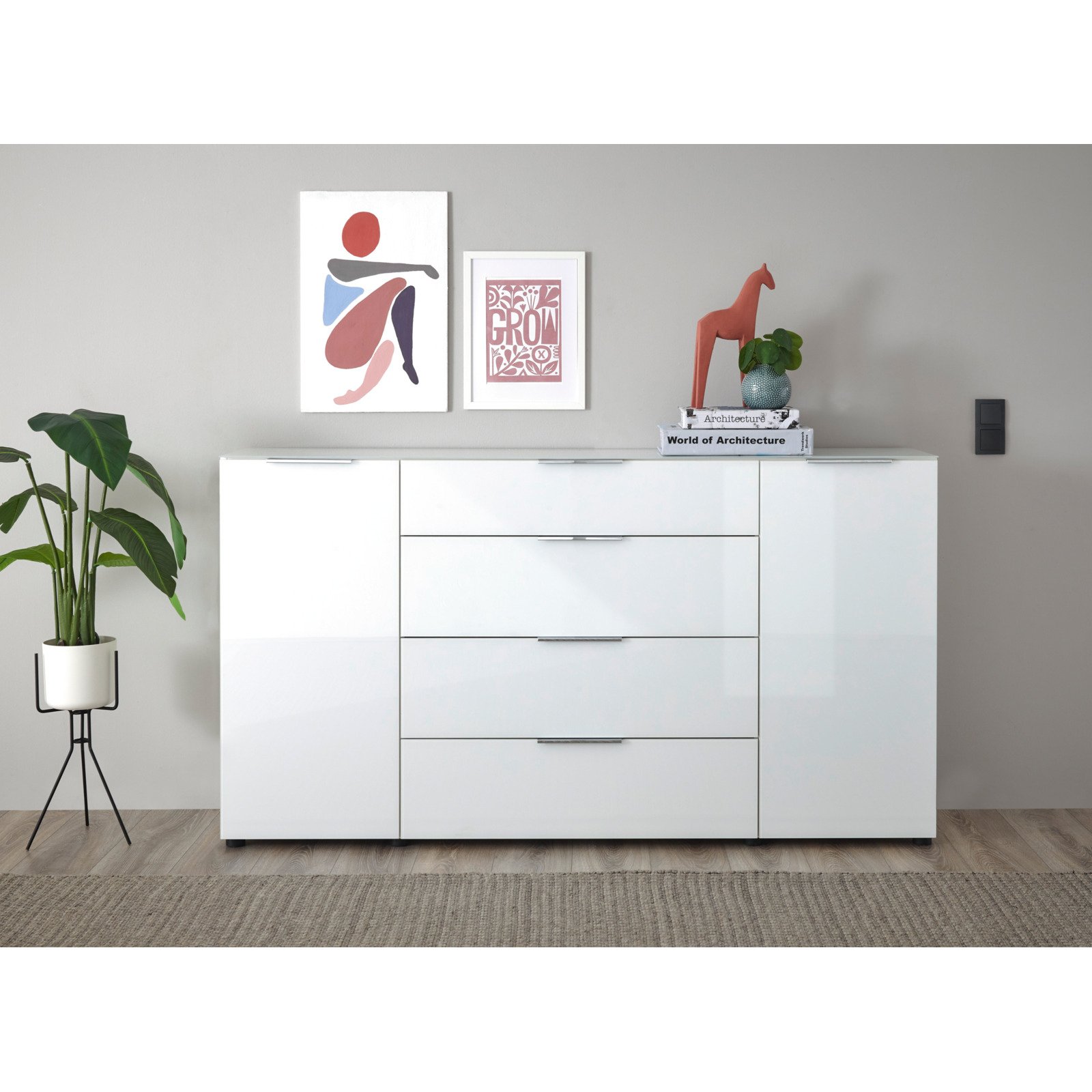 Sideboard Santo, Spanplatte Glas weiss, 180 x 99 x 40 cm