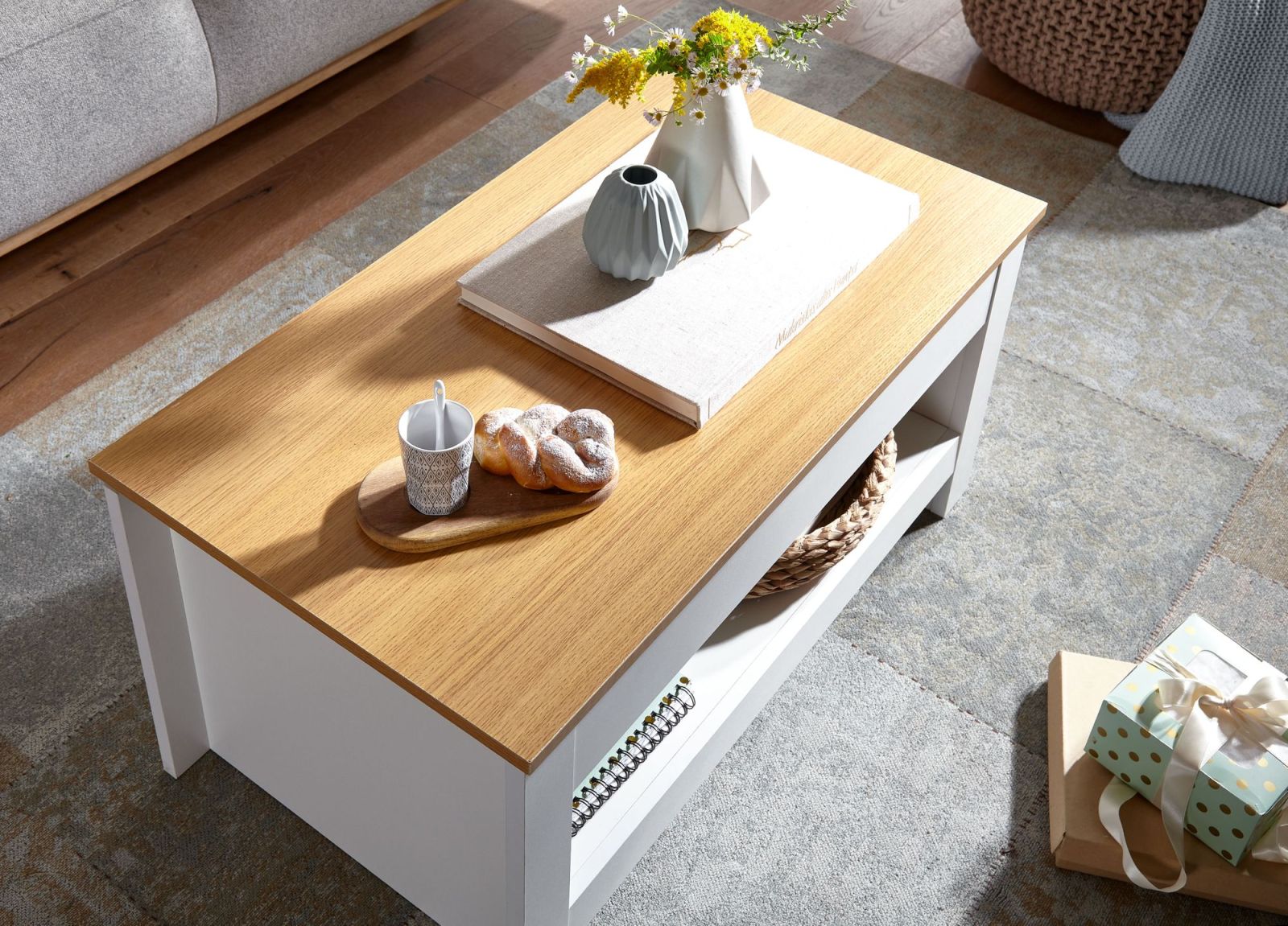 Couchtisch - weiß-Eiche - mit Stauraum - 85 cm