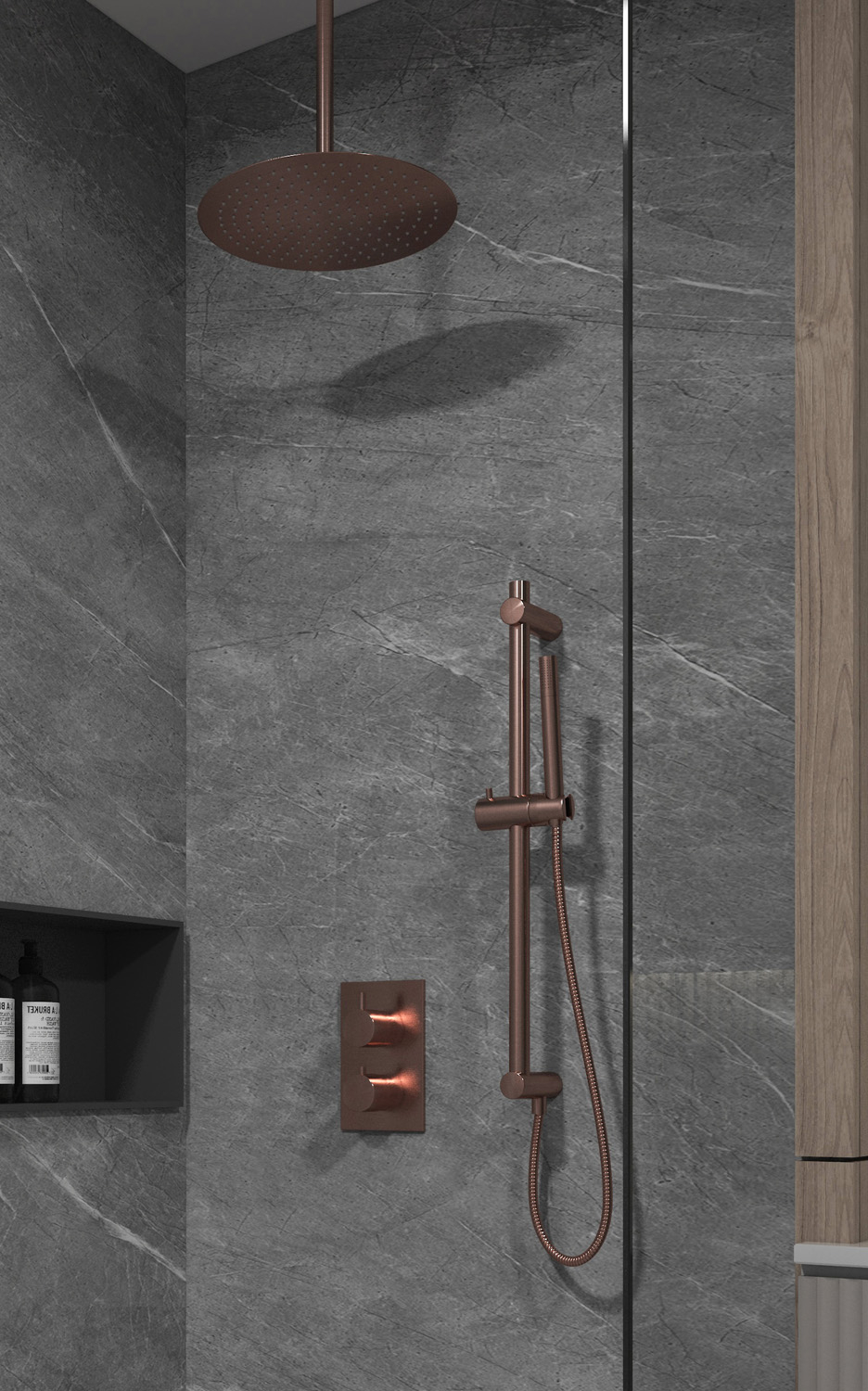 Saniclear Copper inbouw regendouche met 20cm hoofddouche, plafondarm en glijstang geborsteld koper