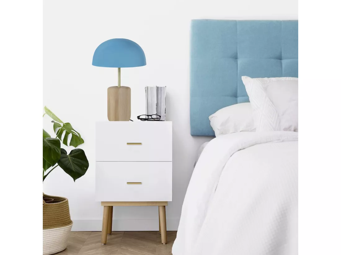 Lampe a poser cylindre bois ,métal bleu 36 cm.