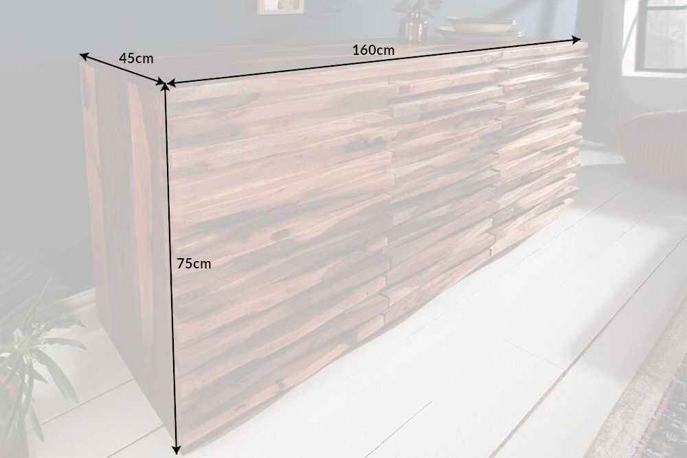 Massivholz Sideboard RELIEF 160cm braun Sheesham stone finish Kommode mit Schubladen