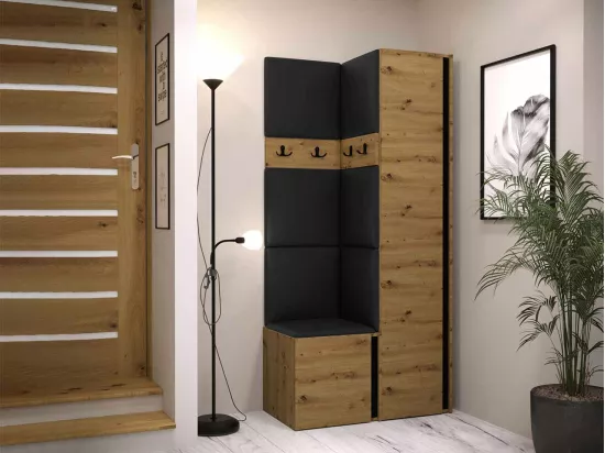 Meuble d'entrée Hartford 348, 186x82x44cm, Chêne Artisan|Noir, Faux cuir|Stratifié
