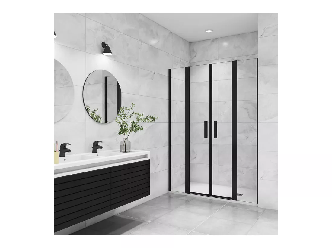 Porte de douche battante 155x200cm avec 2 éléments fixes Profilé noir mat, Porte de douche Hauteur 200cm en verre anticalcaire