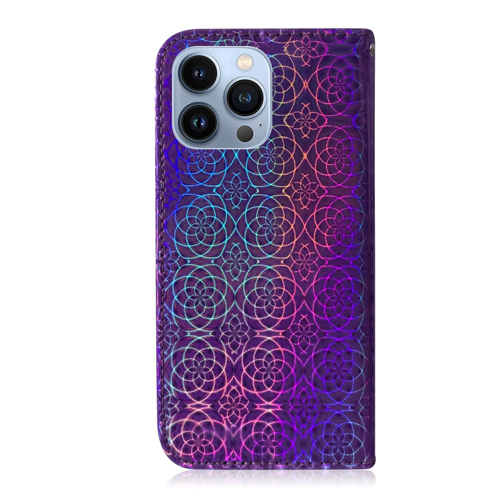 iPhone 13 Pro Leder Tasche Wallet mit Flower Laser Hologramm - Violett