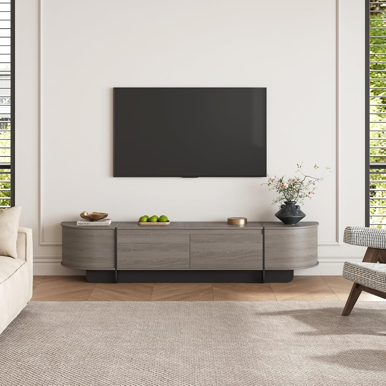 180 cm TV-Schrank für 50-70 Zoll, Langer Fernsehtisch mit Schubladen, Modernes TV-Lowboard mit großem Stauraum, Medienregal mit abgerundeten Kanten für Wohnzimmer & Schlafzimmer (Grau)