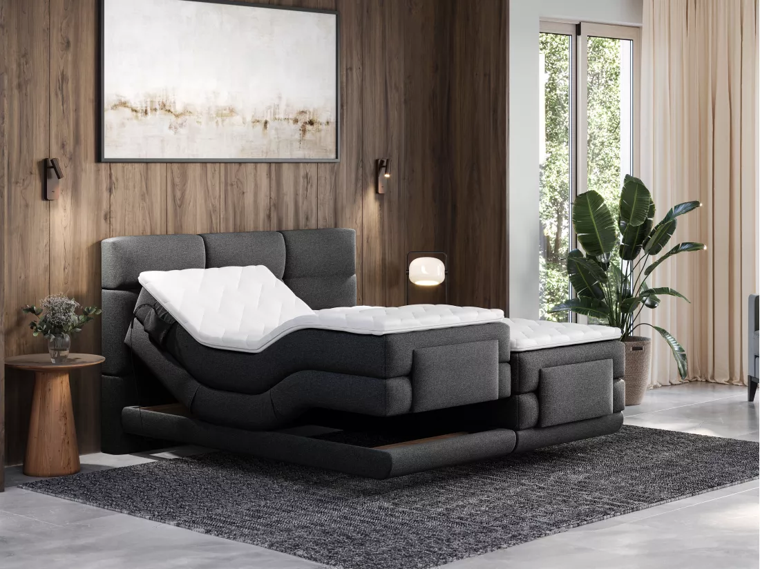 Ensemble complet boxspring tête de lit capitonnée + sommiers relaxation électrique + matelas + surmatelas - 2 x 80 x 200 cm - Tissu - Anthracite - LODI de PALACIO