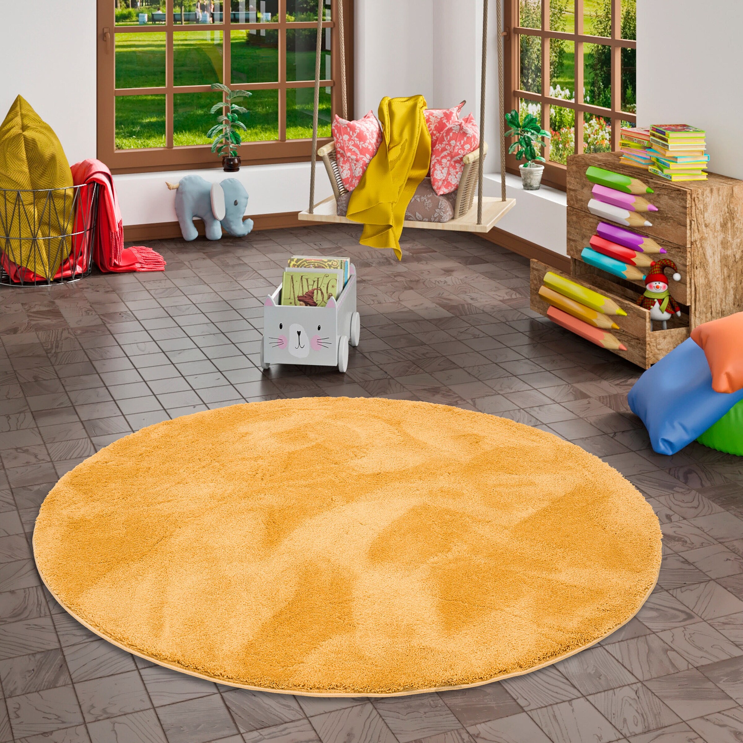 Pergamon Super Soft Kinder Hochflor Teppich Silky Kids Rund Curry - 160x160 cm