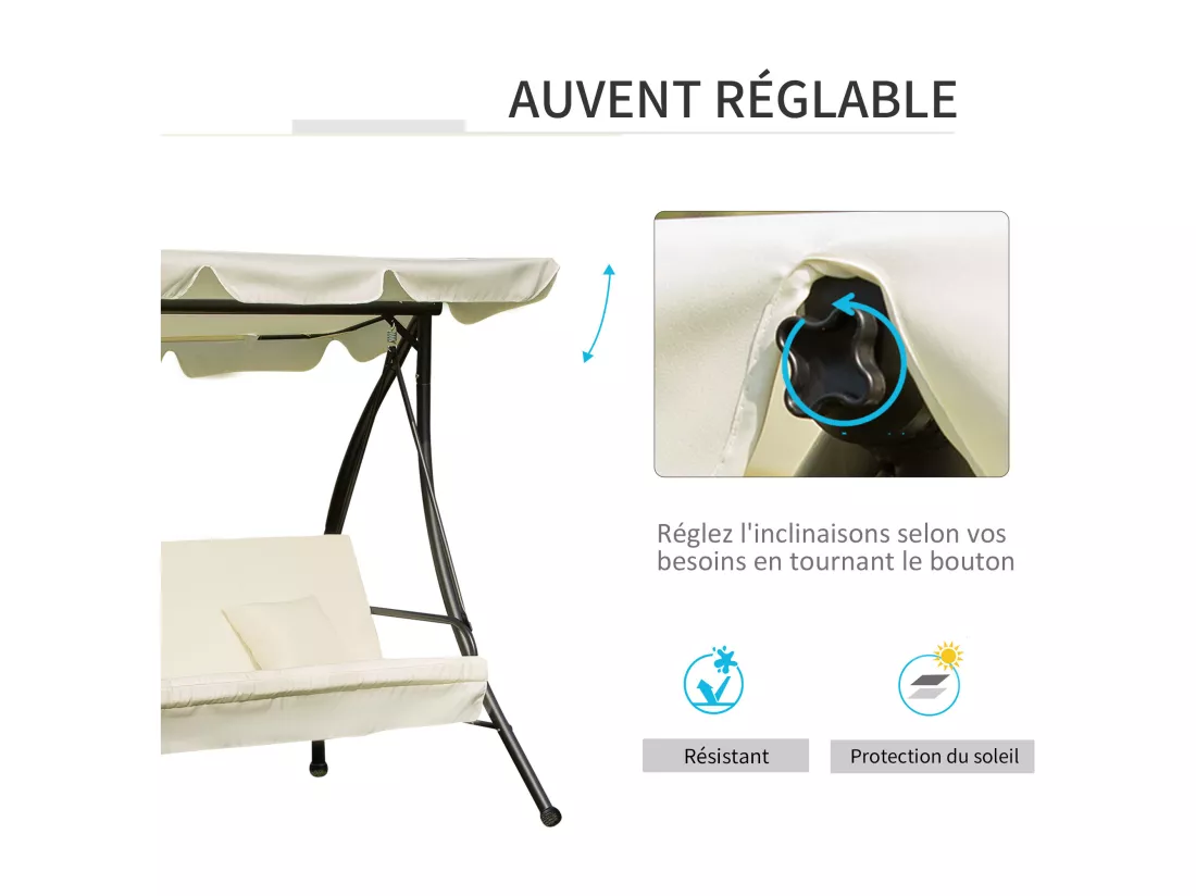 Balancelle de jardin convertible 3 places grand confort inclinaison toit réglable matelas et coussins fournis 2L x 1,25l x 1,7H m métal polyester noir et crème