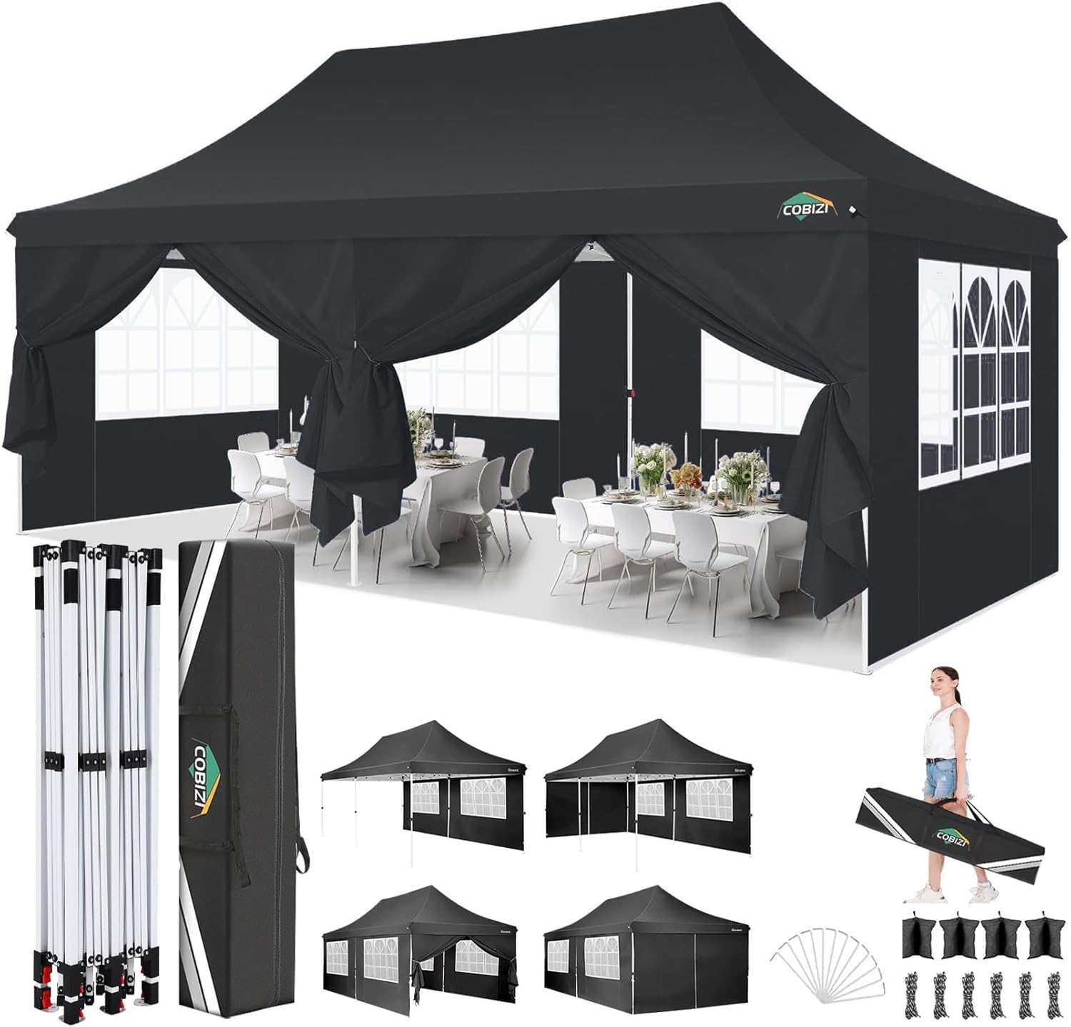 COBIZI Faltpavillon 3X6m Wasserdicht Stabil Pavillon 3x6m, Partyzelt Faltbar Anti-UV mit 6 Seitenwänden & 4 Sandsack, Gartenpavillon für Hochzeiten, Freien, Garten, Party